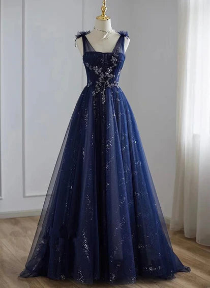 A-line Navy blue Tulle Beaded V-neckline Party Dress
